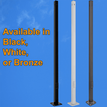 Three 16 foot tall four inch square aluminum light poles. One in black, one in white, one in bronze.