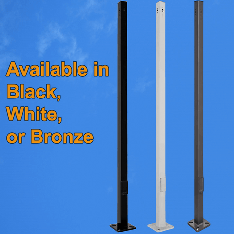 Three 10 foot tall aluminum light poles in black, white, and bronze with pre-drilled LED fixture arm mounting