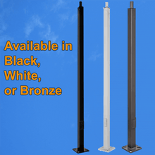 Three 12 foot tall aluminum light poles. one in black, one in white, one in bronze. All with tenon mounts for slip fitter LED fixtures.