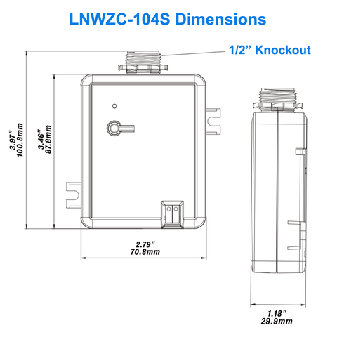 Dimensions Of The LNWZC-104S Wireless Lighting Zone Controller 20A Relay 120-277v 0-10v Dimming Bluetooth Mesh UL DLC For LN Wireless Lighting Controls From LED Network