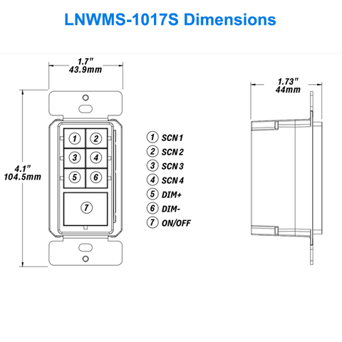 Dimensions Of The LNWMS-1017S Wall Switch For 0-10v Wireless Lighting Controls 4 Scene Controller On Off Dim Up Dim Down 120-277v UL DLC For LN Wireless Lighting Controls From LED Network