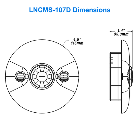 Dimensions Of LNCMS-107D LN Dual Technology Networked Ceiling Occupancy Sensor PIR And Ultrasonic For Wireless Lighting Control System 120-277v UL DLC LN Wireless Lighting Controls From LED Network