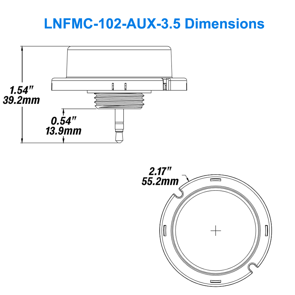 Dimensions of LNFMC-102-AUX LED Fixture Controller Wireless 12v 0-10v Dimming 3.5mm Pin Mount Bluetooth Mesh UL DLC For LN Wireless Lighting Controls From LED Network