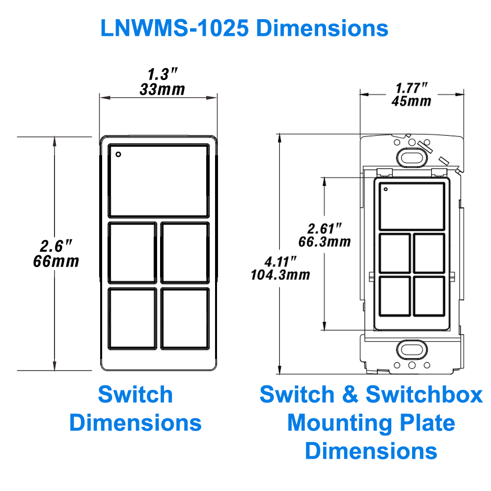 Dimensions LNWMS-1025 5-Button Wireless Wall Switch Battery Powered Bluetooth Mesh For LN Wireless Lighting Controls From LED Network