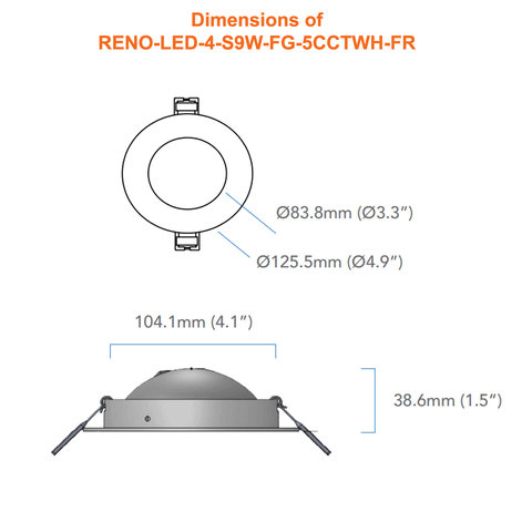 Dimensions of 4 Inch LED Fire Rated Round Gimbal Pot Light Floating Downlight 2 Hour Fire Rating 5 CCT Selectable 9W 900 Lumens 120v Dimmable ETL Energy Star UL 263, ASTM E119, & CAN ULC S101 From LED Network