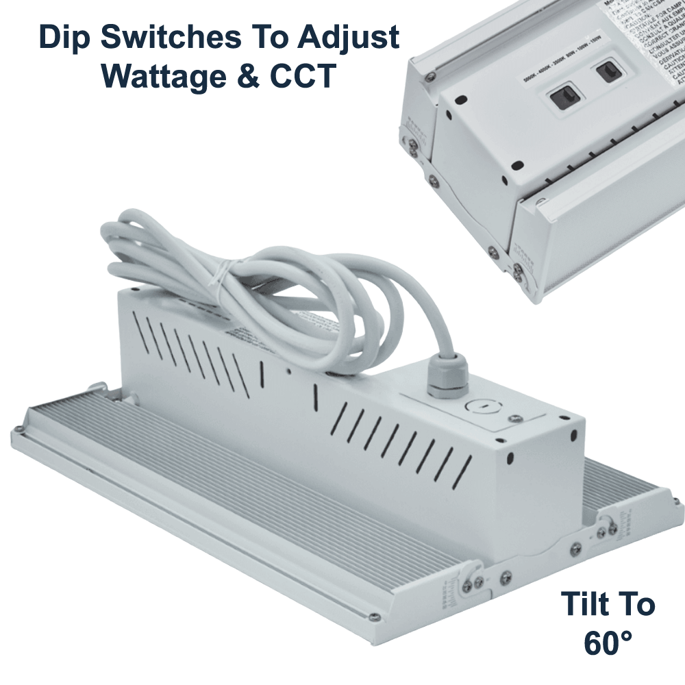 DIP Switches For Adjusting Wattage and Colour Temperature On Foldable Linear LED High Bay 80W 100W 150W 3CCT Selectable 3500k 4000k 5000k 120-347v DLC 0-10v Dimmable Smart Ready ETL from LED Network