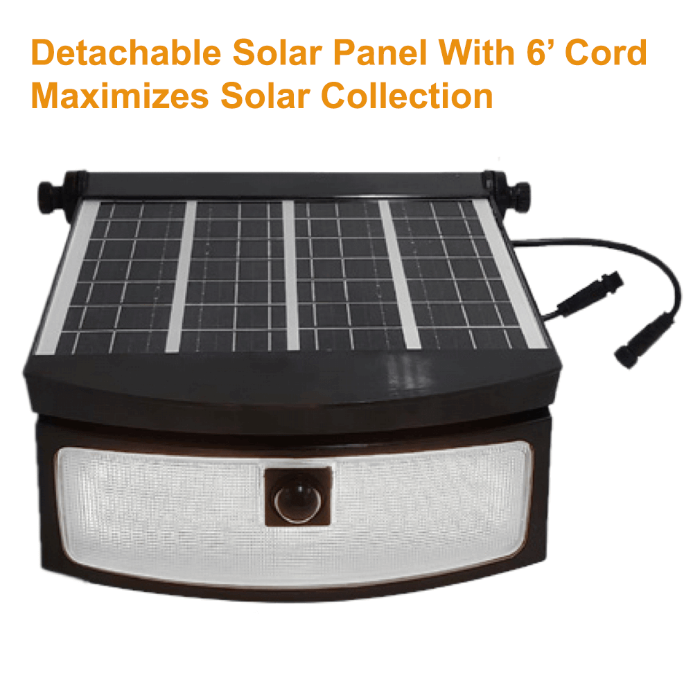 Detachable Solar Panel with 6 Foot Cord To Maximize Solar Collection On The Solera Solar Powered Outdoor Wall Light 1600 Lumen 3 CCT Selectable SL-SWL-16L-FC-BK-G3 Solar Motion Sensor Light Solar Lighting Built for Canada from LED Network