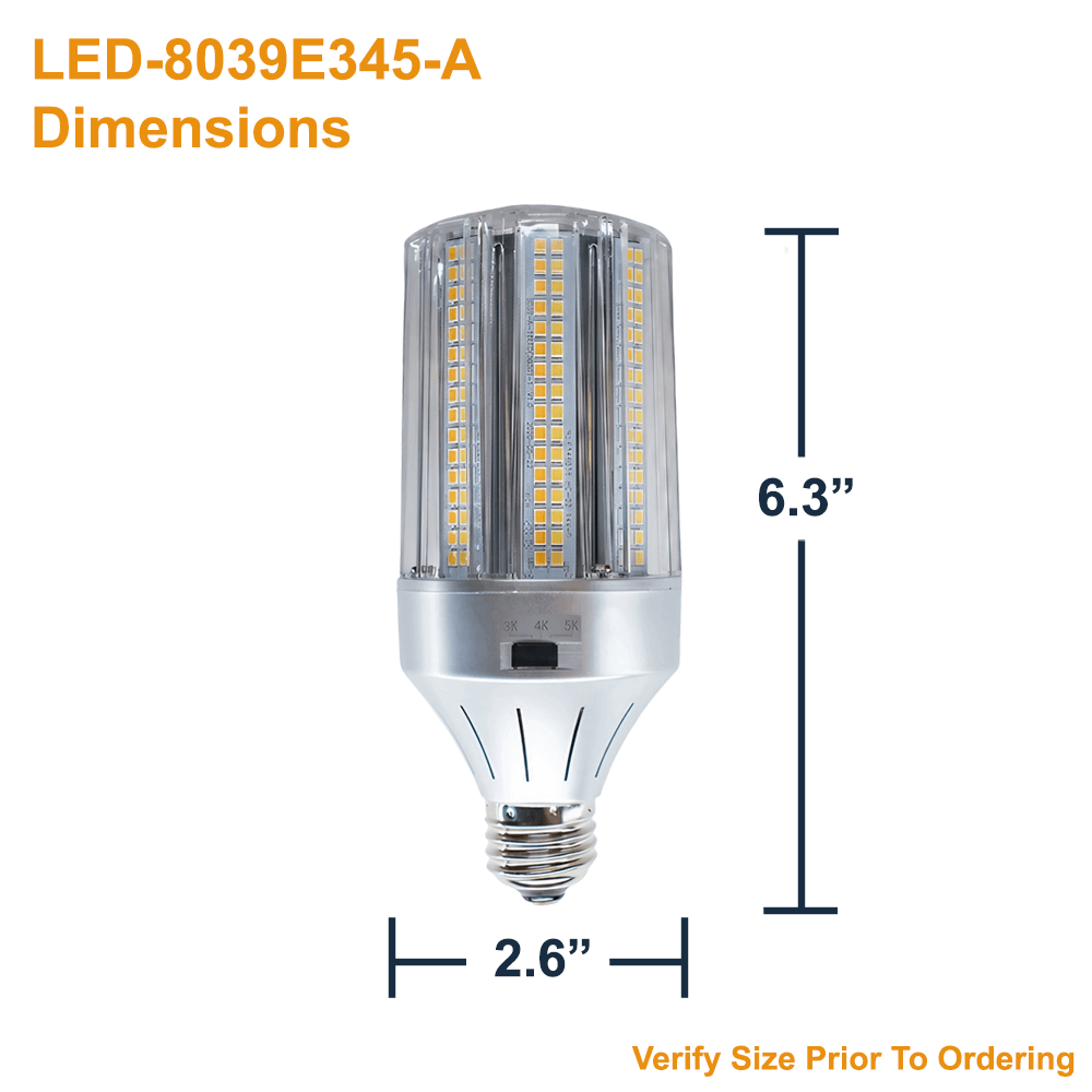 Dimensions of the LED-8039E345-A 18 Watt 347v E26 Bollard and Post Top B-Type Ballast Bypass LED Retrofit Bulb from Light Efficient Design Replaces 100 Watt HID Lamps 3000k 4000k 5000k Selectable Up To  2610 Lumens from LED Network