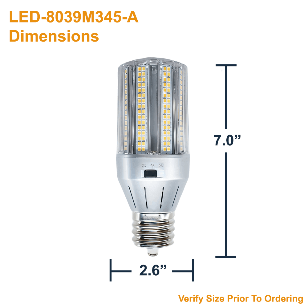 Dimensions of the LED-8039M345-A 18 Watt 120-277v EX39 Base Light Efficient Design Bollard and Post Top B-type Ballast Bypass LED Retrofit Bulb Replaces 100w HID 3000k 4000k 5000k selectable producing up to 2,610 Lumens from LED Network