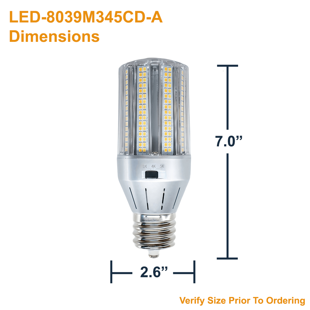 Dimensions of the LED-8039M345D-A 18W 120-277v EX39 Base Light Efficient Design B-Type Ballast Bypass LED Retrofit Bulb for Bollards and Post Tops 50% Dimmable Up To 2,610 Lumens, 3000K 4000K 5000K Replaces Up To 100W HID LED Network