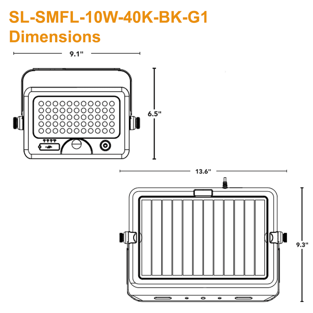 Dimensions of the Solera SL-SMFL-10W-40K-BK-G1 Multipurpose Portable Solar Work Light and Solar Flood Light with PIR Motion Sensor 4000K 1100 Lumens from LED Network