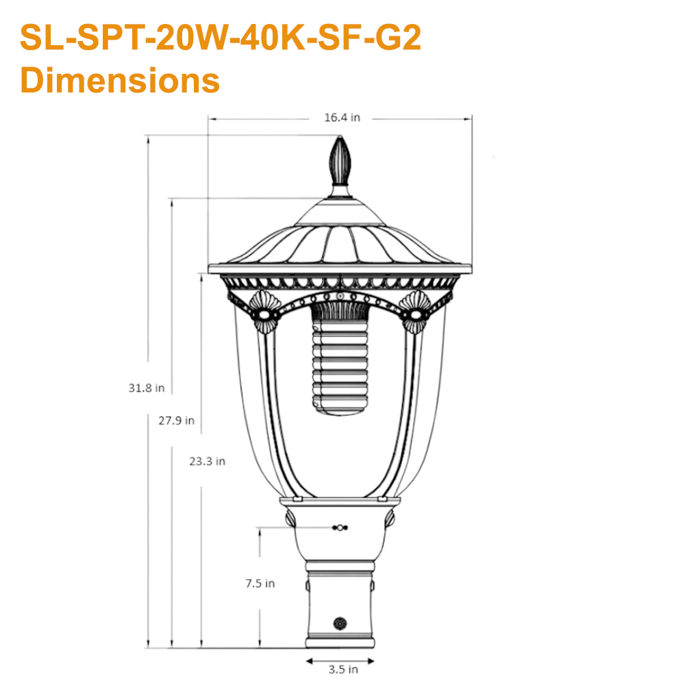 Dimensions of the Solera SL-SPT-20W-40K-SF-G2 Decorative Post Top Light. It is 31.8" tall and 16.4" wide, with a 3.5" width at the base. It fits over 3" to 3.5" posts and slipfitters. Commercial Solar Lighting from LED Network.