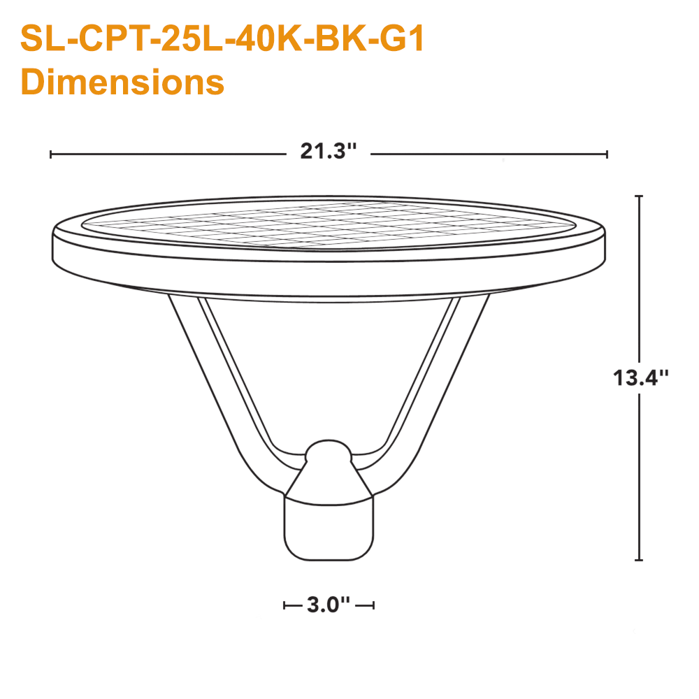 Dimensions of The Light Efficient Design SL-CPT-25L-40K-BK-G1 Solar Powered Post Top Light. The Base Will Fit On A 3" Pole Or Slip Fitter Tenon. It is 21.3" Across and 13.4" Tall. Solera Solar Lighting from LED Network.