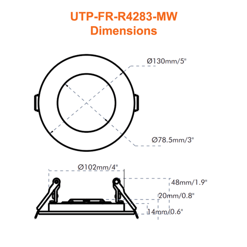 Dimensions Of The EELighting UTP-FR-R4293-MW 4” Fire Rated LED Downlight Recessed Fire Rated Pot Light 2 Hour Fire Rating UL263-2011 (R2022) ASTM E119-20 & CAN/ULC-S101-14 Fire Rating UL L505 L556 Wet Rated IC Rated Airtight Dimmable 5 CCT Selectable 9 Watts Up To 856 Lumens  From LED Network