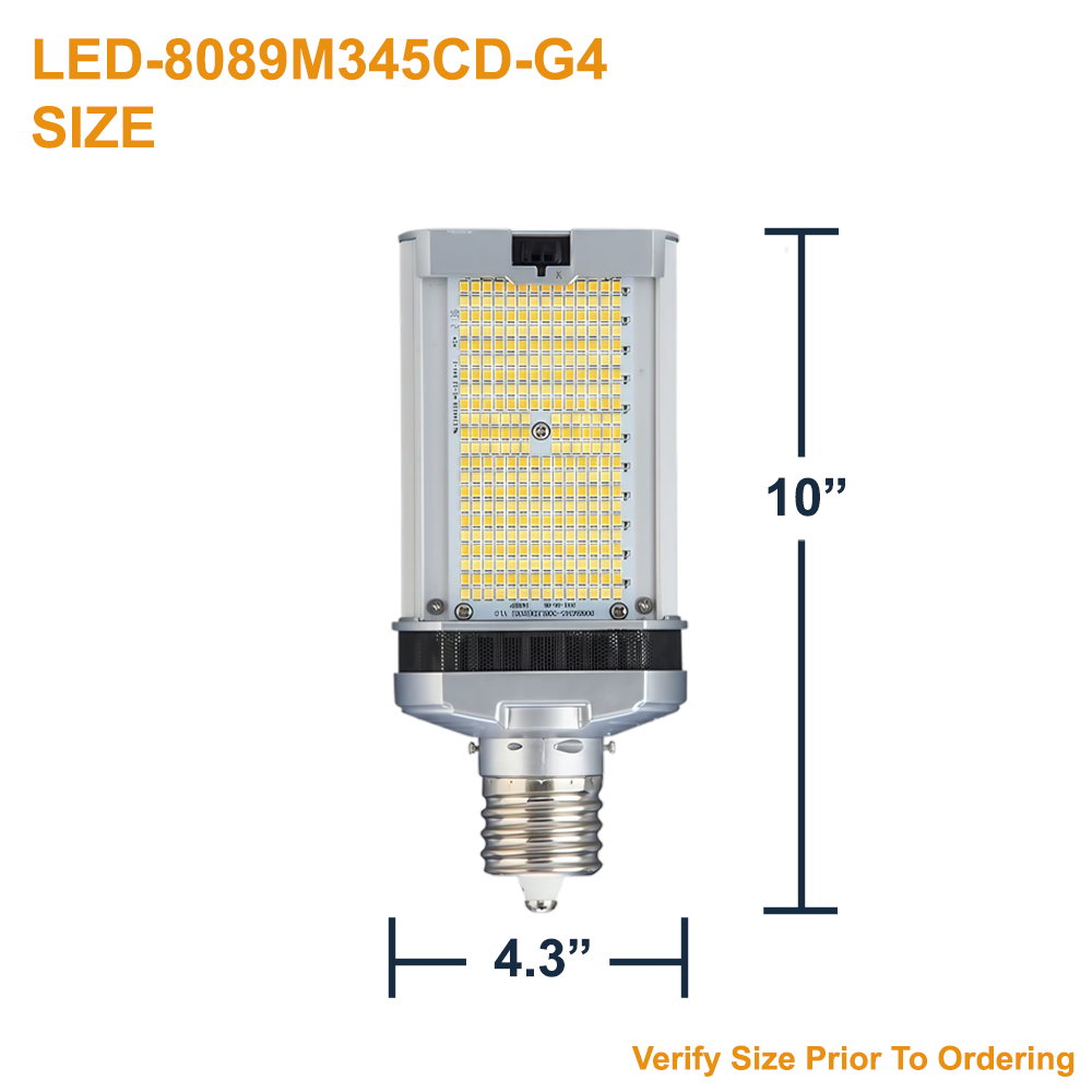Dimensions of Light Efficient Design LED-8089M345CD-G4 80 Watt 347 v EX39 Base B-type Ballast Bypass LED Retrofit Lamp 3000K 4000K 5000K Selectable 10 kA Surge Protection for use in enclosed outdoor light fixtures, damp rated, from LED Network