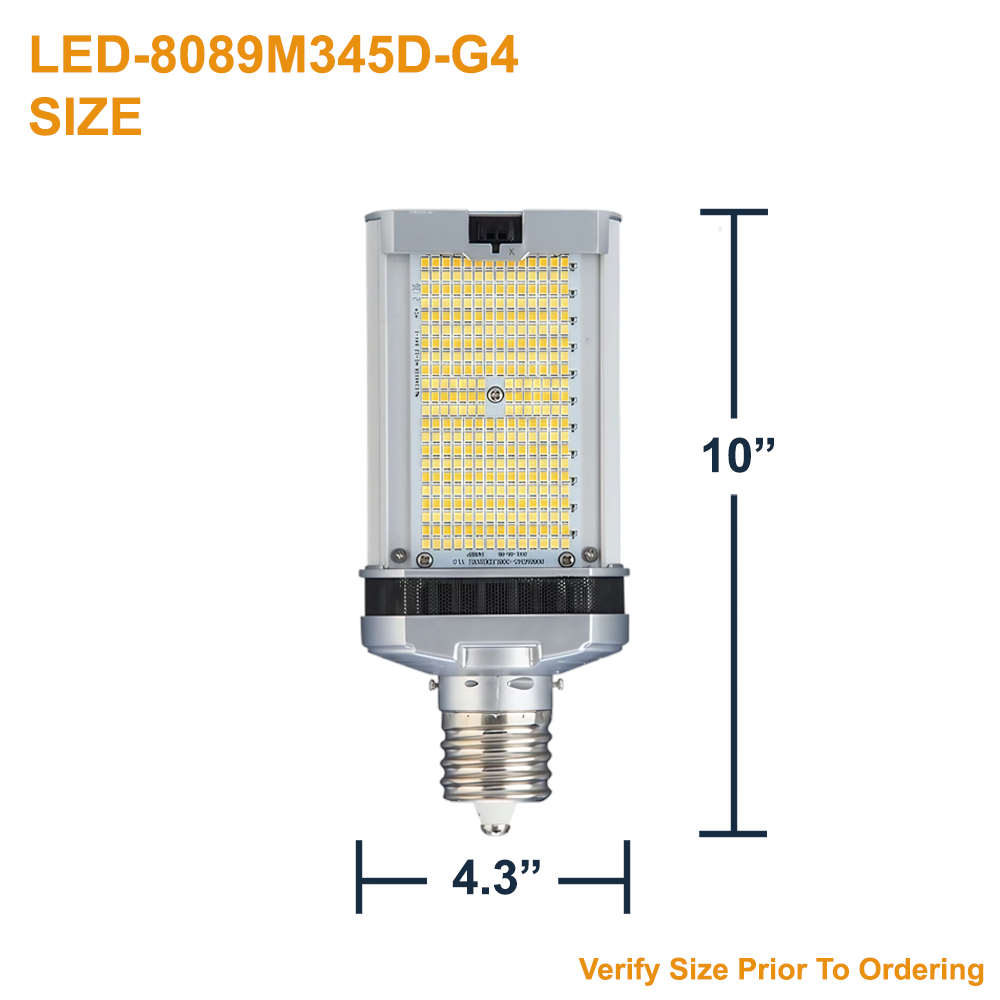Dimensions of Light Efficient Design LED-8089M345D-G4 80 Watt EX39 Base LED Retrofit Lamp B-type Ballast Bypass replaces up to 250 watt HID Lamps 10kA Surge Protection and Active Cooling for Enclosed Outdoor Light Fixtures 3000K 4000K 5000K 120-277v LED Network