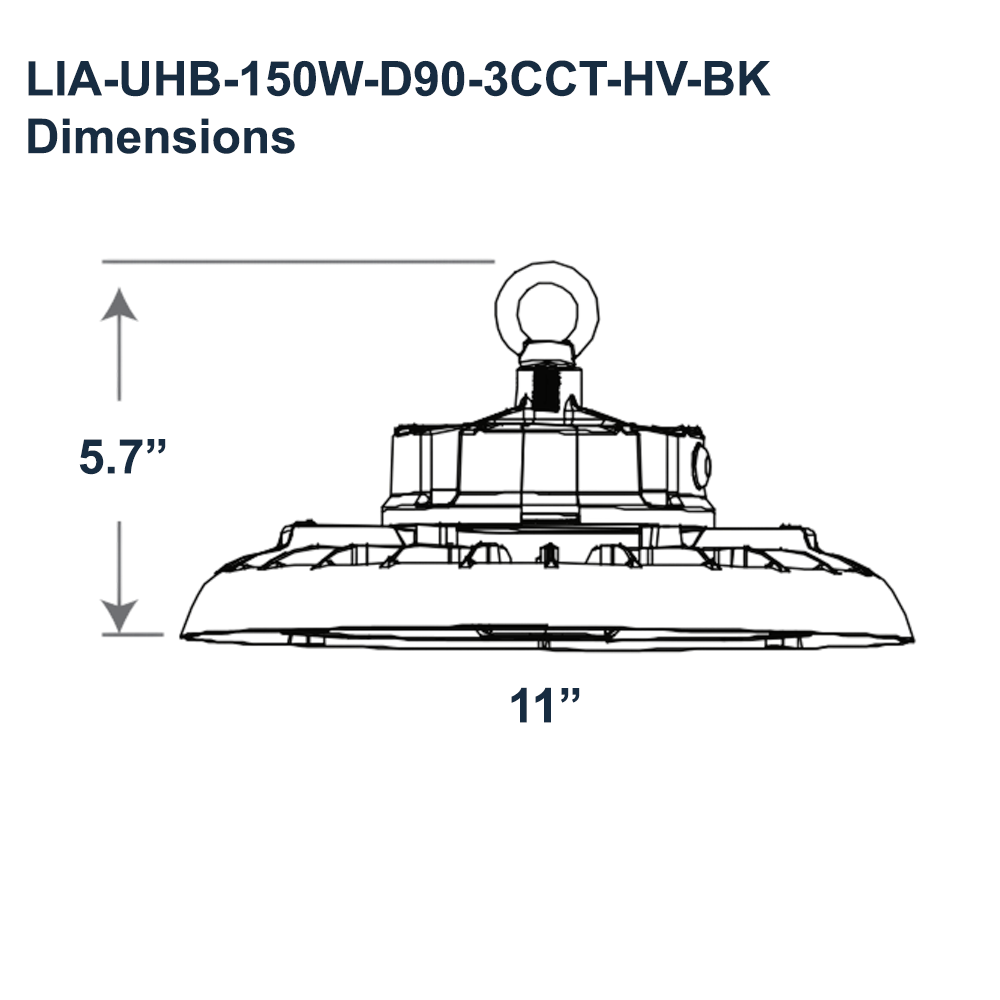 Dimensions of LIA Commercial LIA-UHB-150W-D90-3CCT-HV-BK UFO High Bay 100W 120W 150W LED High Bay 3 CCT Adjustable 3500K 4000K 5000K 120-347v 150 Lumens Per Watt Output 15000 Lumens 18000 Lumens 22500 Lumens IP65 0-10v Dimmable UL DLC NSF NEMA 4X From LED Network