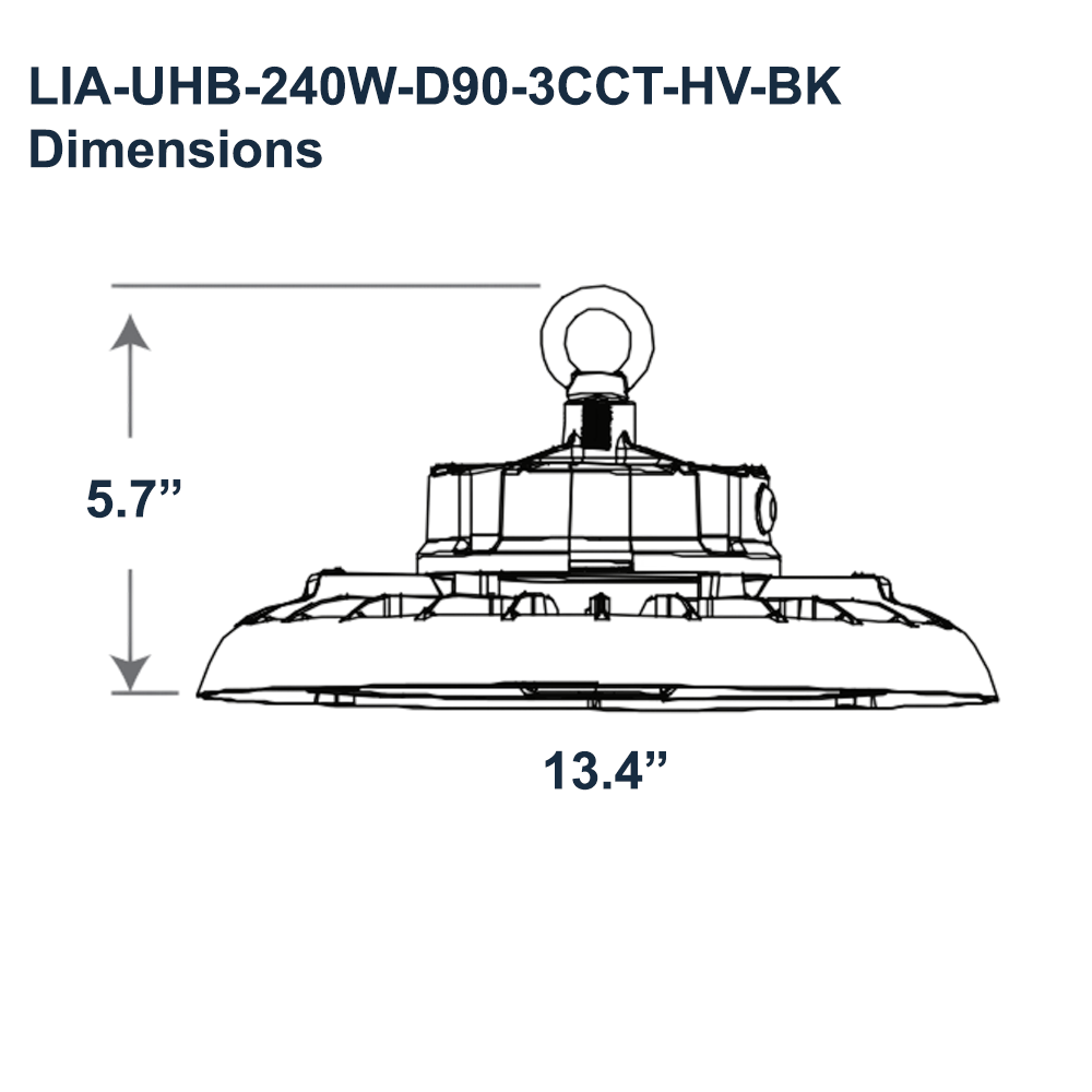 Dimensions of the LED In Action Commercial 200W 220W 240W UFO High Bay by 3 CCT Adjustable 3500K 4000K 5000K 120-347v 150 Lumens Per Watt Output 9000 Lumens 12000 Lumens 15000 Lumens IP65 0-10v Dimmable UL DLC NSF NEMA 4X LED High Bays From LED Network