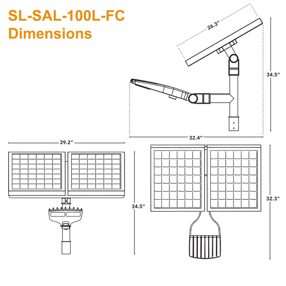 Dimensions of the Solera SL-SAL-100L-FC-T3-BK-G3 Solar Area Light 10000 Lumens Solar Parking Lot Light 3000K 4000K 5000K Type III Optics from LED Network