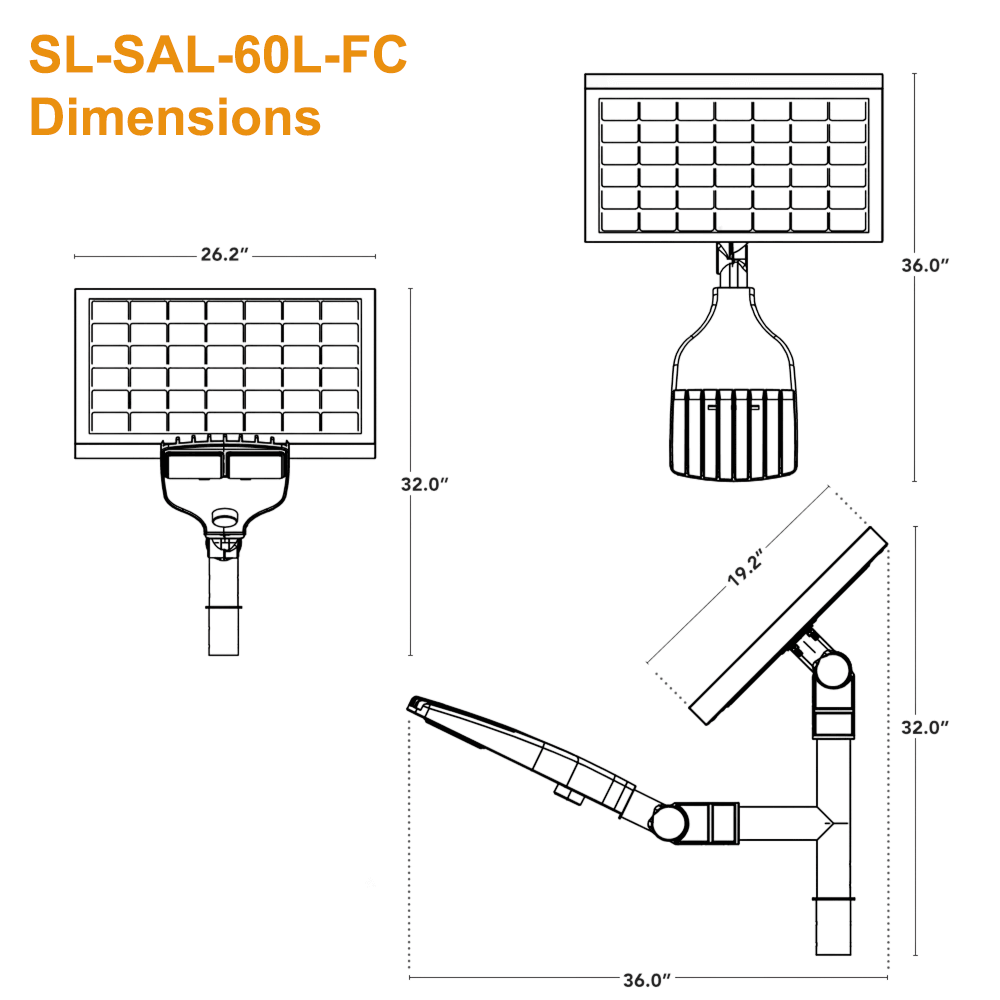 Dimensions of the Solera SL-SAL-60L-FC-T3-BK-G3 Solar Area Light 6000 Lumens Solar Parking Lot Light 3000K 4000K 5000K Type III Optics from LED Network