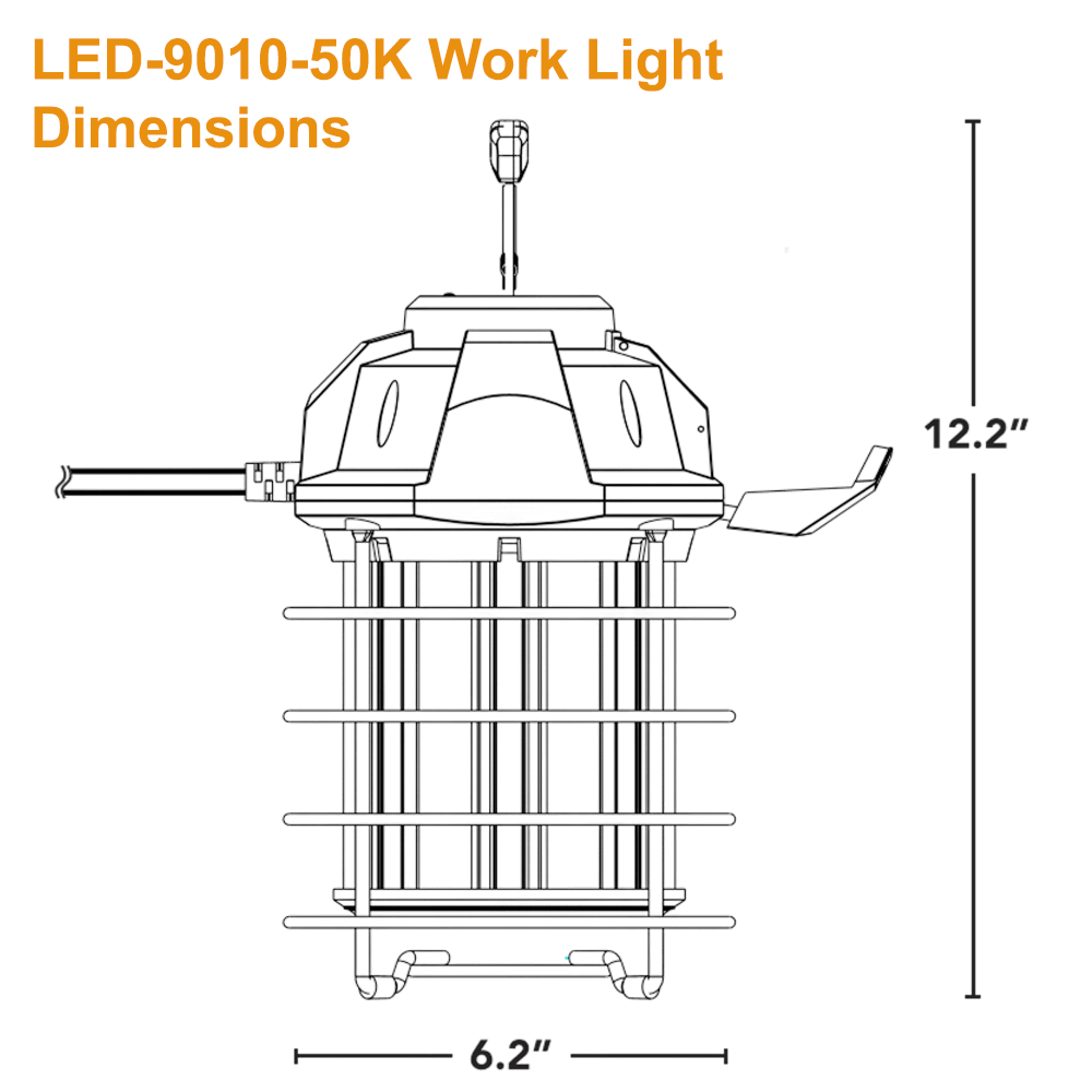 Dimensions of the LED-9010-50K Portable LED Work Light, It is 12.2" tall and 6.2" wide. Available from LED Network.