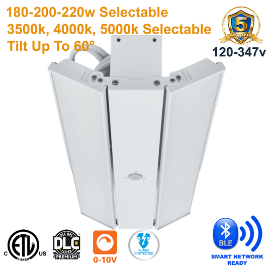 Foldable Linear High Bay LED 3 Wattage Selectable 180W 200W 220W 3CCT Selectable 3500k 4000k 5000k 120-347v 0-10v Dimmable Smart Ready DLC ETL from LED Network