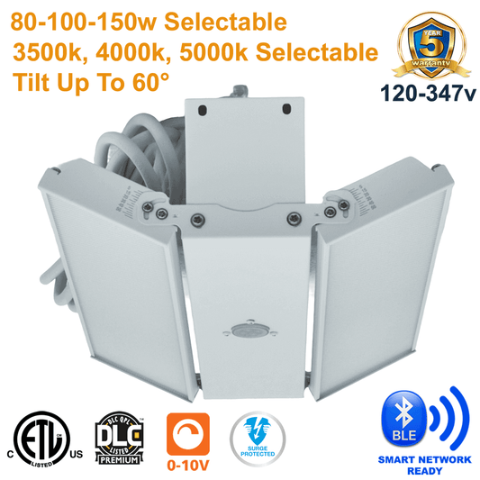 Foldable Linear LED High Bay 80W 100W 150W 3CCT Selectable 3500k 4000k 5000k 120-347v DLC 0-10v Dimmable Smart Ready ETL from LED Network 