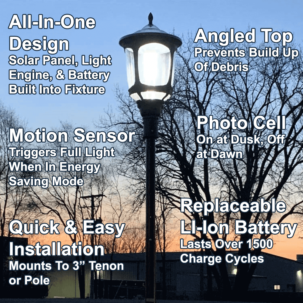Features of The Solera SL-APT-20W-40K-SF-G2 Solar Decorative Post Top Light are the All-In-One Design with the Solar Panel Light Engine and Battery Built Into The Fixture, An Angled Top to Prevent the build up of debris, Motion Sensor that triggers full light when operating in Energy Saving Mode, Photo Cell for On at Dusk and Off at Dawn, Quick and Easy Installation mounts to a 3" Tenon or Pole, and a Replaceable LI-Ion Battery which lasts over 1500 Charge Cycles. Commercial Solar Lighting from LED Network.