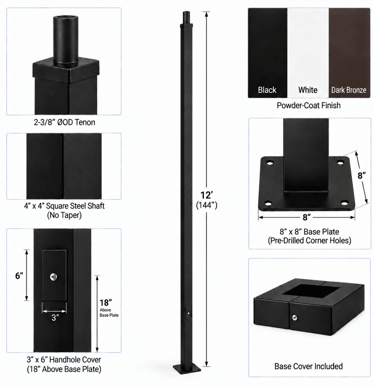 Product accessory information graphic for a powder-coated 12' steel light pole with a tenon top showing  dimensions and close-up detail callouts on a white background.