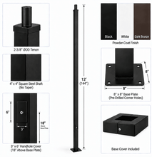 Product accessory information graphic for a powder-coated 12' steel light pole with a tenon top showing  dimensions and close-up detail callouts on a white background.