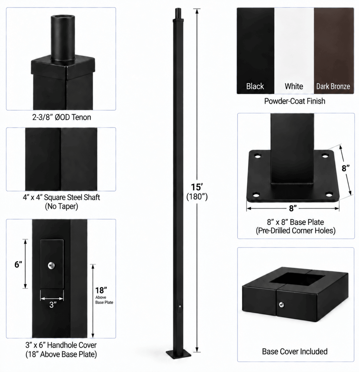 Product information diagram for a powder-coated steel post and base kit, showing the full 15' pole, base plate dimensions, handhole cover size, material specs, finish options, and included base cover on a white background.