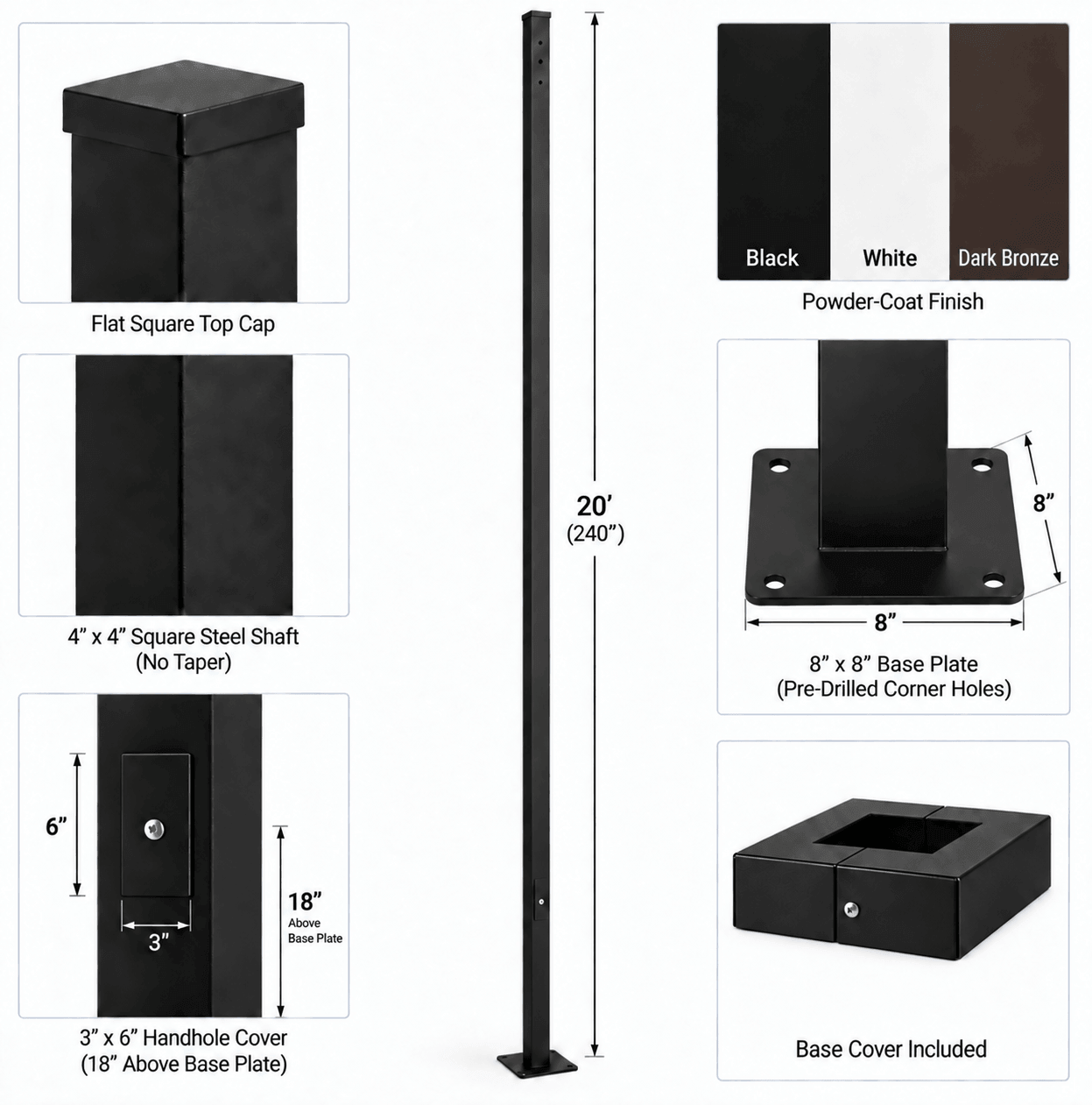 Product information diagram for a 24' straight square steel pole with base plate, showing the full 24' post, base plate dimensions, 4"x4" square shaft, handhole cover size, material specs, powder-coat paint finish options, and included base cover on a white background.