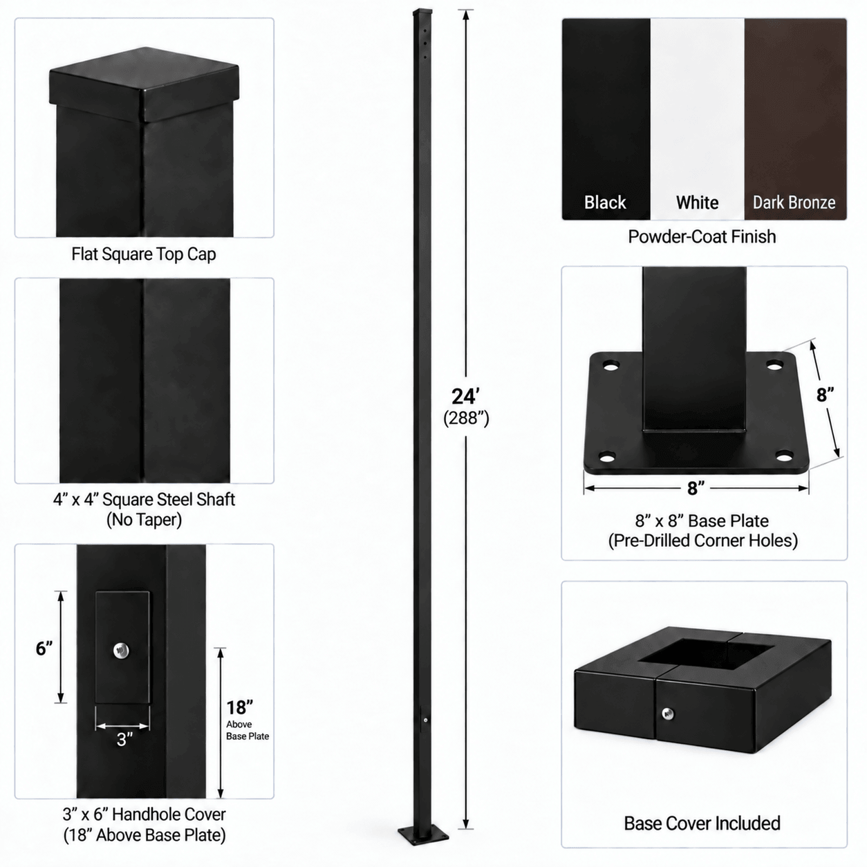 Product information diagram for a 24' straight square steel pole with base plate, showing the full 24' post, base plate dimensions, 4"x4" square shaft, handhole cover size, material specs, powder-coat paint finish options, and included base cover on a white background.