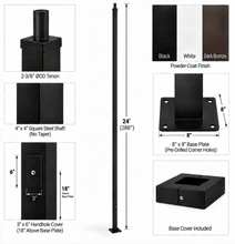 Product information diagram for a 24' straight square steel pole and base kit, showing the full 24' post, base plate dimensions, 4