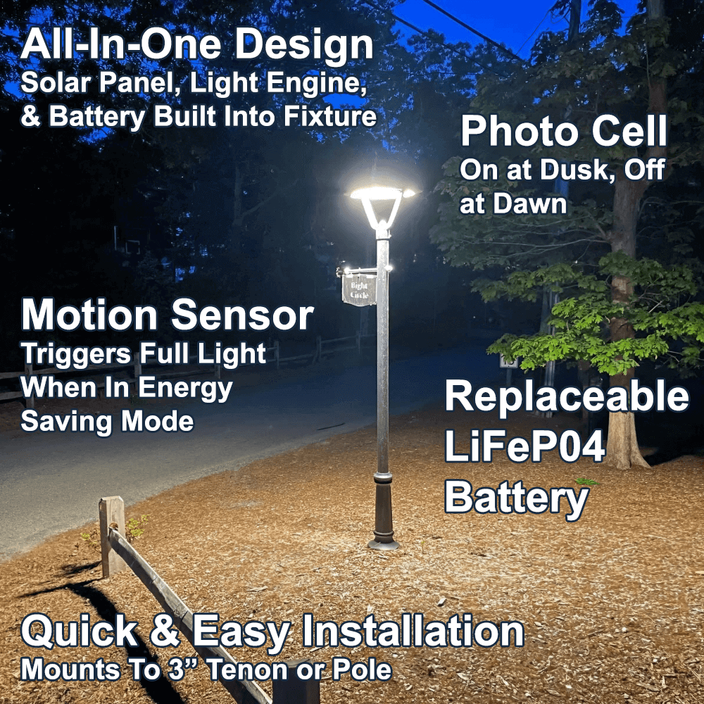 The Main Features of the Solera  SL-CPT-25L-40K-BK-G1 Solar Post Top Pathway Light Include An All-In-One Design with the Solar Panel, Battery and Light Engine Built Into the Fixture, A Photo Cell To Turn The Fixture On At Dusk and  Off At Dawn, A Motion Sensor, Replaceable LiFePO4 Battery, And Built To Fit On A 3" Pole or Tenon. It Also Has A Remote Control For Programming. From LED Network.