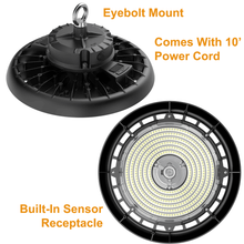 Features of the LIA Commercial LIA-UHB-150W-D90-3CCT-HV-BK UFO High Bay 100W 120W 150W LED High Bay 3 CCT Adjustable 3500K 4000K 5000K 120-347v 150 Lumens Per Watt Output 15000 Lumens 18000 Lumens 22500 Lumens IP65 0-10v Dimmable UL DLC NSF NEMA 4X From LED Network