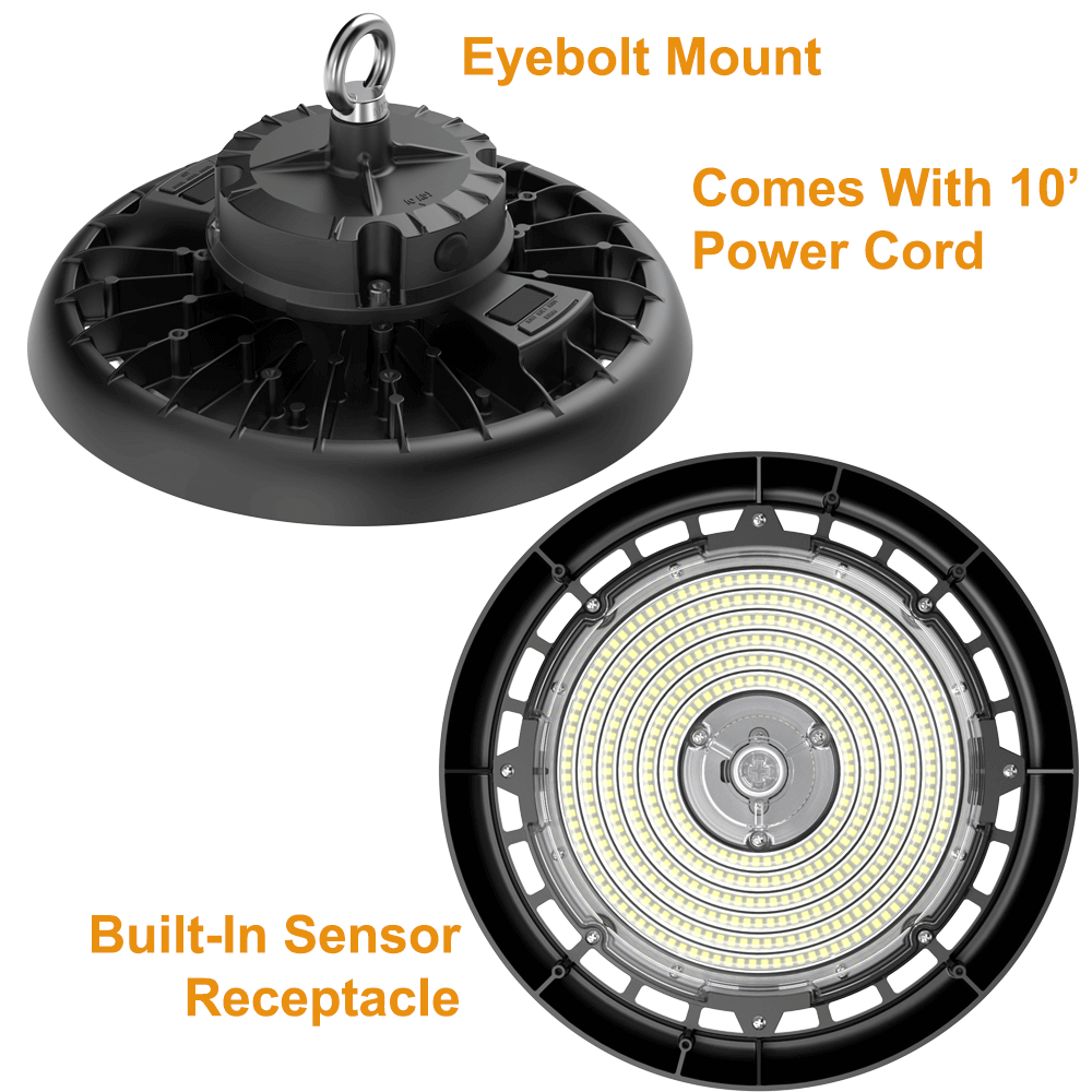 Features of the LIA Commercial 200W 220W 240W UFO High Bay by 3500K 4000K 5000K CCT Adjustable 120-347v 150 Lumens Per Watt Output 9000 Lumens 12000 Lumens 15000 Lumens IP65 0-10v Dimmable UL DLC NSF NEMA 4X LED High Bays From LED Network