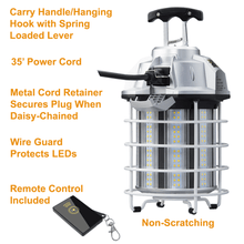 Features of the Light Efficient Design LED-9010-50K Work Light. A Carry Handle/Hanging Hook With Spring Loaded Lever for easy hanging, A 35' Integrated Power Cord, Metal Cord Retainer to Secure the Plug When Daisy-Chaining Together, Can Daisy-Chain Up To Six Lights, Wire Guard to Protect the LEDS, and A Remote Control. Available today from LED Network.