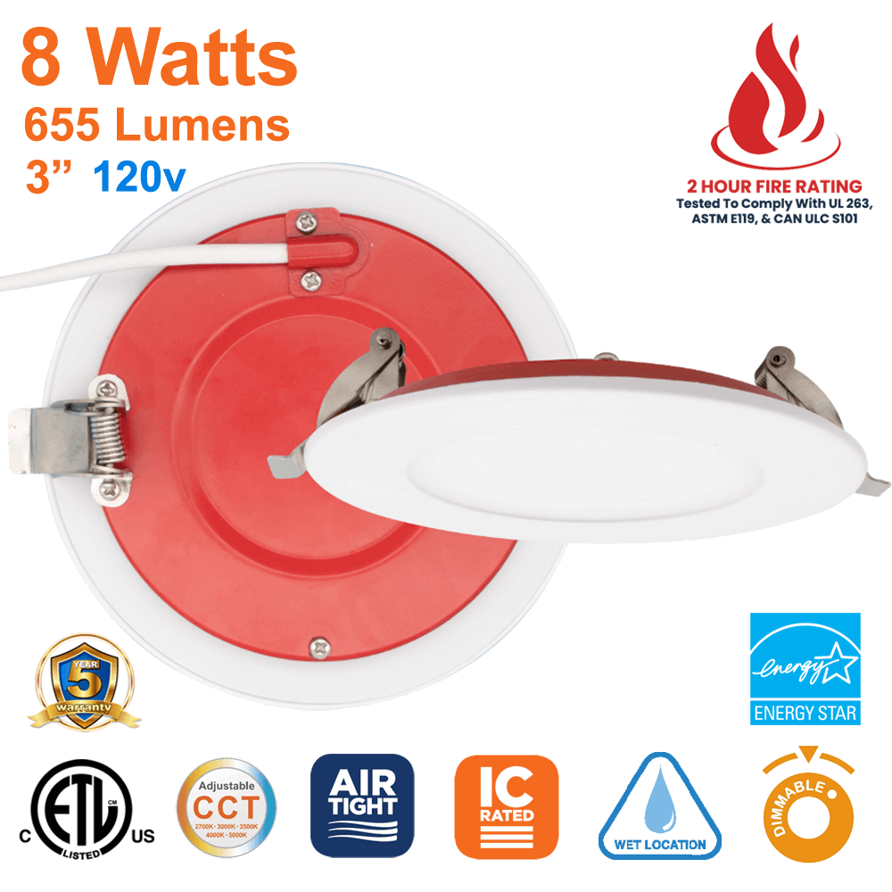 Fire Rated Pot Light, Fire Rated Downlight, 3 Inches, UL263, 8 Watts, 633 Lumens, Wet Rated, IC Contact Rated, Triac Dimmable, 5 CCT Selectable, ASTM E119, CAN ULC S101, 120v, White