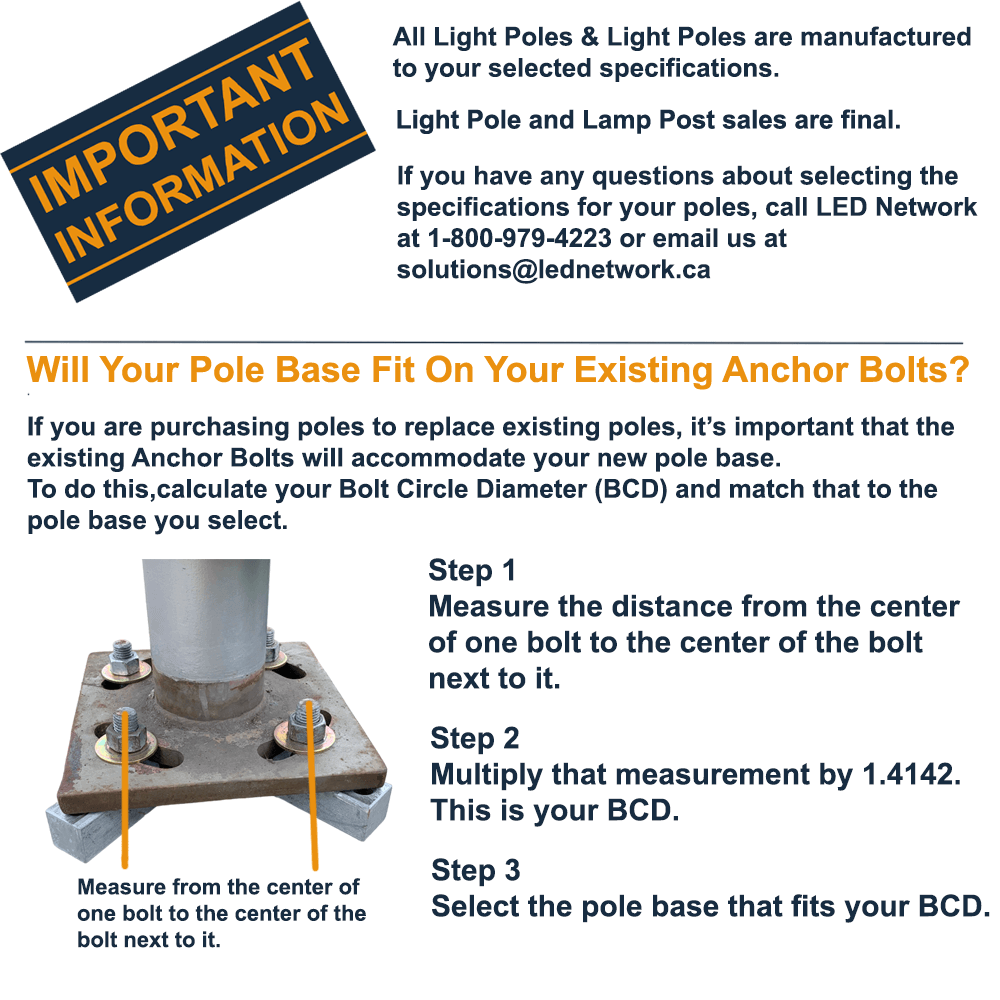 Important information of light pole selection options, and how to calculate bolt circle diameter for a 20 ft tall aluminum light pole 4 inch square with tenon mount on the top