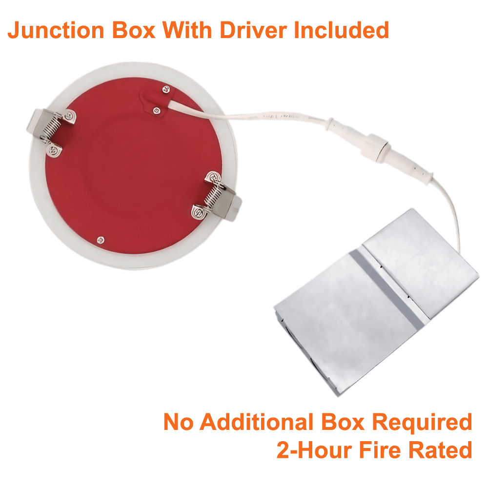 Junction Box and Connection Cord For 735 Lumen, 4 Inch, Round, Fire Rated Pot Light, 9 Watts, UL 263, ASTM E119, CAN ULC S101, Ships From Canada, 120v, Dimmable, Wet Rated, IC Rated, 5 CCT Selectable, ETL Rated, 5-Year Warranty, From LED Network