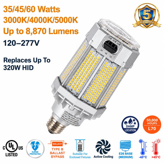 LED-8024E345-G7-FW E26 LED retrofit lamp with 35/45/60W settings, up to 8,870 lumens and 320W HID replacement.