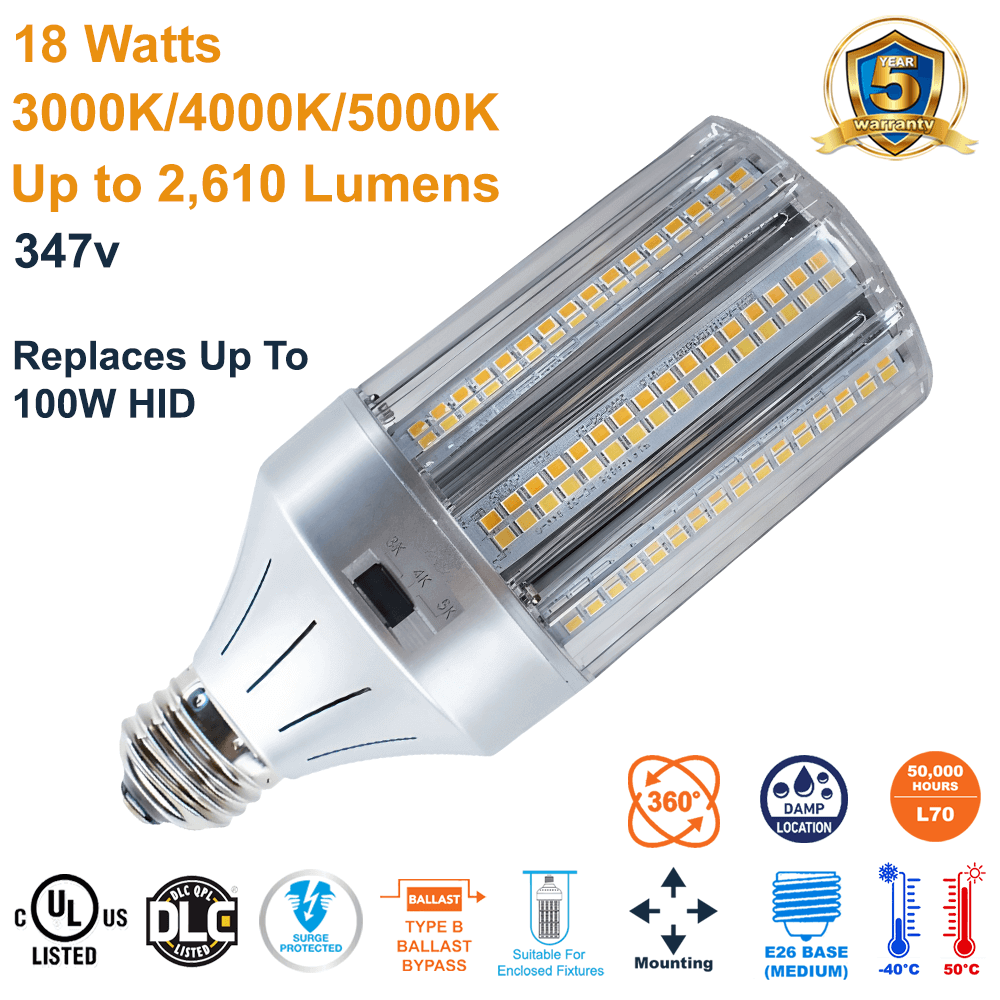 LED-8039E345-A 18 Watt 347v E26 Bollard and Post Top B-Type Ballast Bypass LED Retrofit Bulb from Light Efficient Design Replaces 100 Watt HID Lamps 3000k 4000k 5000k Selectable Up To  2610 Lumens from LED Network