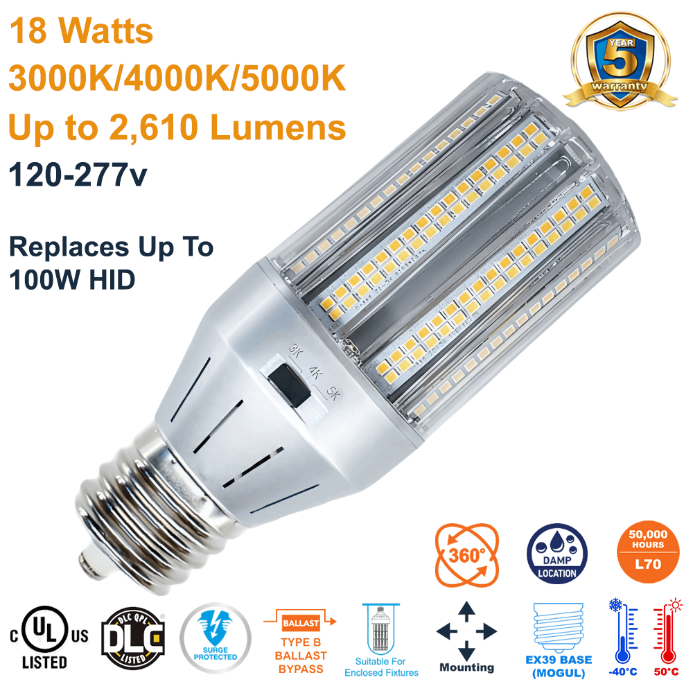 LED-8039M345-A 18 Watt 120-277v EX39 Base Light Efficient Design Bollard and Post Top B-type Ballast Bypass LED Retrofit Bulb Replaces 100w HID 3000k 4000k 5000k selectable producing up to 2,610 Lumens from LED Network