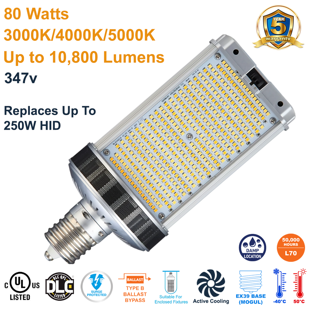 LED-8089M345CD-G4 80 Watt EX39 Base 347 volt B-type Ballast Bypass LED Retrofit Lamp by Light Efficient Design 3000K 4000K 5000K Selectable 10 kA Surge Protection for use in enclosed outdoor light fixtures, damp rated, from LED Network