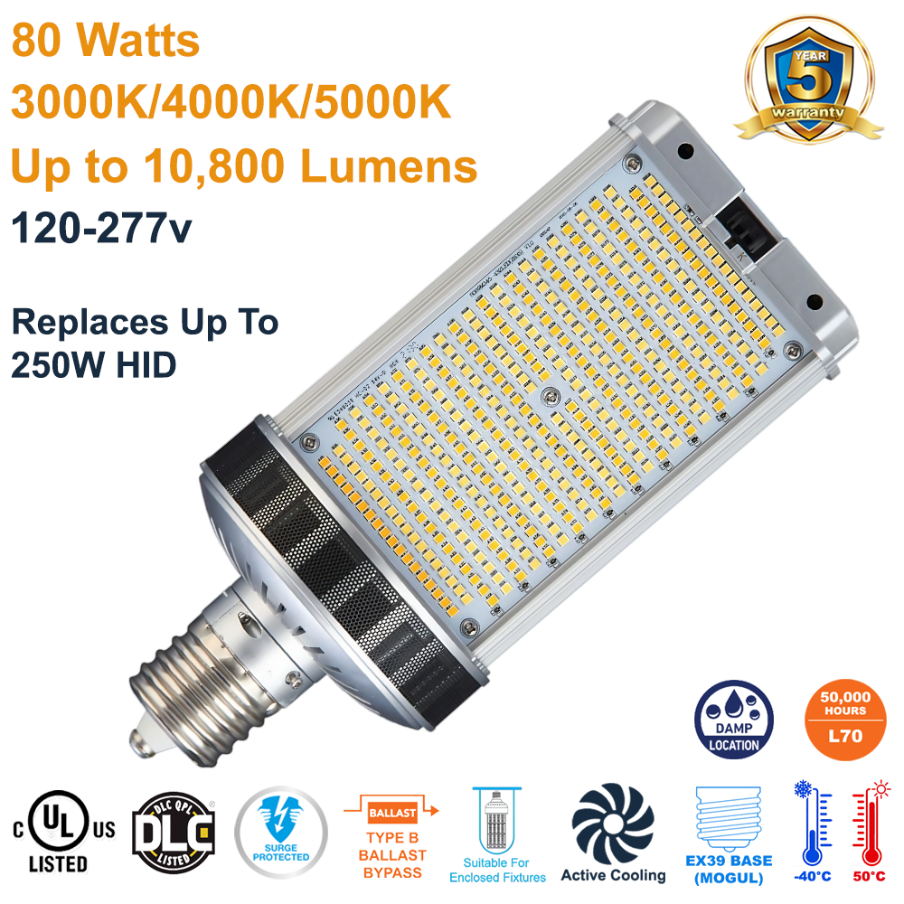 LED-8089M345D-G4 80 Watt EX39 Base LED Retrofit Lamp B-type Ballast Bypass by Light Efficient Design replaces up to 250 watt HID Lamps 10kA Surge Protection and Active Cooling for Enclosed Outdoor Light Fixtures 3000K 4000K 5000K 120-277v LED Network