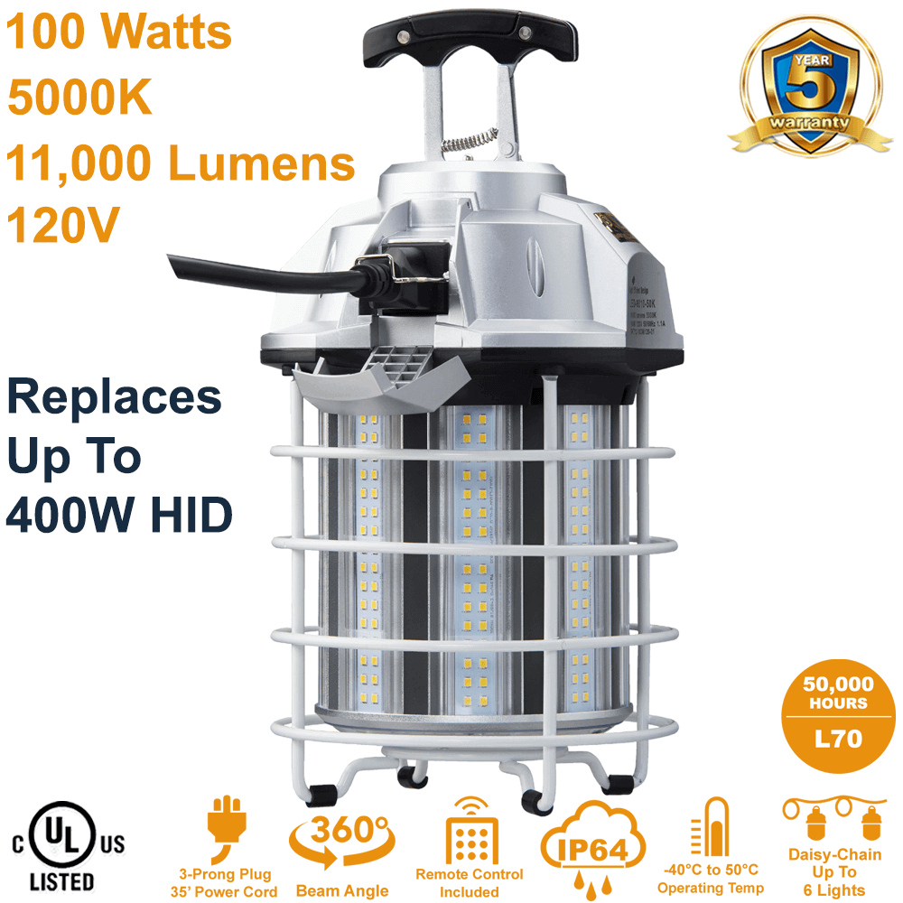 LED-9010-50K 100W Temporary LED Work Light 100 Watts, 11,000 Lumens, 5000K, 120V, by Light Efficient Design features a 35' Power Cord and up to six lights can be daisy-chained together. Remote Control is included. From LED Network