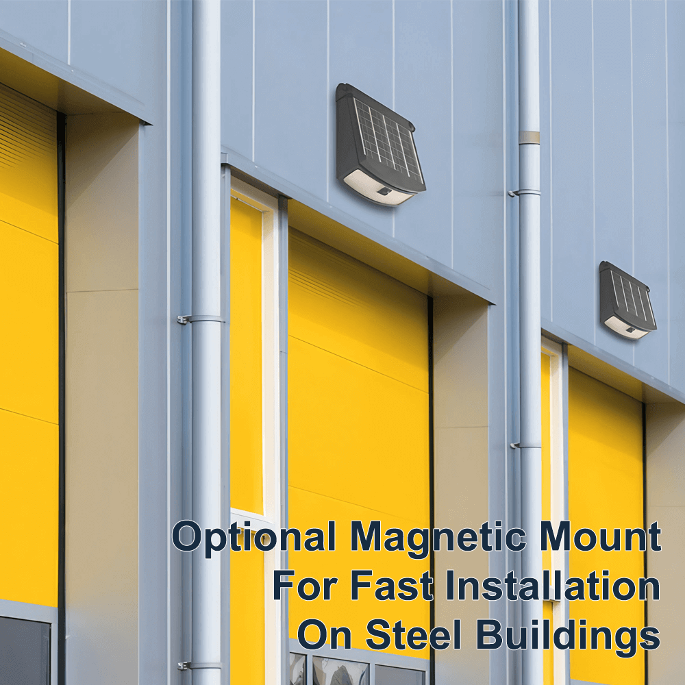 Optional Magnetic Mounting Plate For The Solera SL-SWL-16L-FC-BK-G3 Solar Powered Outdoor Wall Light Allows For Fast Installation On Steel Buildings and Shipping Containers This 1600 Lumen Solar Exterior Wall Light Also Features A Replaceable Cold Weather Battery Three CCT Settings 3000K 4000K 5000K Three Light Output Settings and Motion Sensor. Solar Lighting Built for Canada from LED Network
