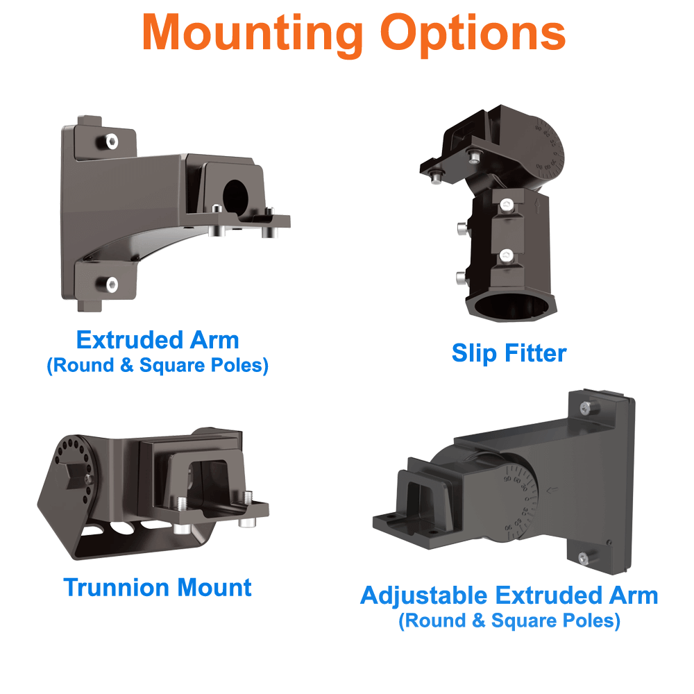 Mounting Options For Parking Lot Light 3000K Type 4 Beam Angle LED Flood Lights 80 100 120 150 Watts Flood Light IDA Dark Sky Approved 120-347v UL Surge Protection IP66 IK10 DLC Premium 3.0G Vibration Load Rating EELighting ALJ Series From LED Network