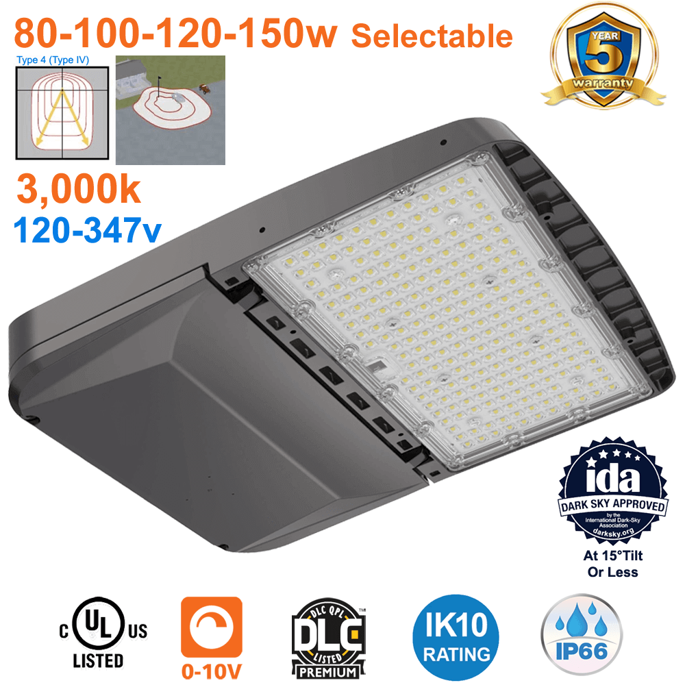  Parking Lot Light 3000K Type 4 Beam Angle LED Flood Lights 80 100 120 150 Watts Flood Light IDA Dark Sky Approved 120-347v UL Surge Protection IP66 IK10 DLC Premium 3.0G Vibration Load Rating EELighting ALJ Series From LED Network 1
